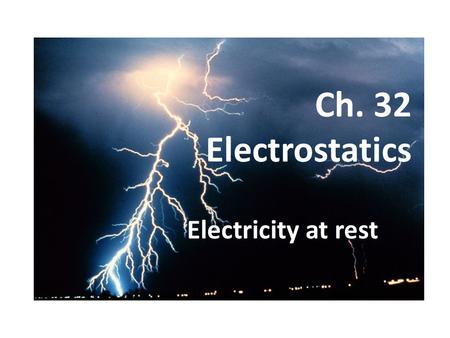 Ch. 32 Electrostatics Electricity at rest. Electric Forces Arise from subatomic particles – Positive nucleus surrounded by negative electrons Charge: