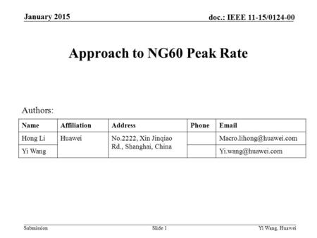 Submission doc.: IEEE 11-15/0124-00 Approach to NG60 Peak Rate Slide 1 January 2015 Yi Wang, Huawei Authors: NameAffiliationAddressPhoneEmail Hong LiHuaweiNo.2222,