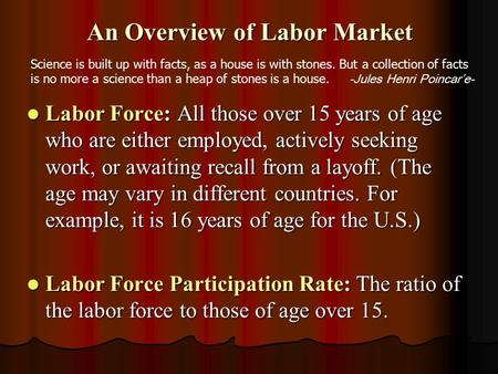 An Overview of Labor Market Labor Force: All those over 15 years of age who are either employed, actively seeking work, or awaiting recall from a layoff.