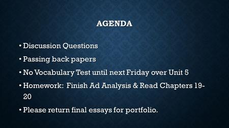 Agenda Discussion Questions Passing back papers