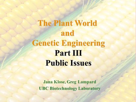 The Plant World and Genetic Engineering Part III Public Issues Jana Klose, Greg Lampard UBC Biotechnology Laboratory.