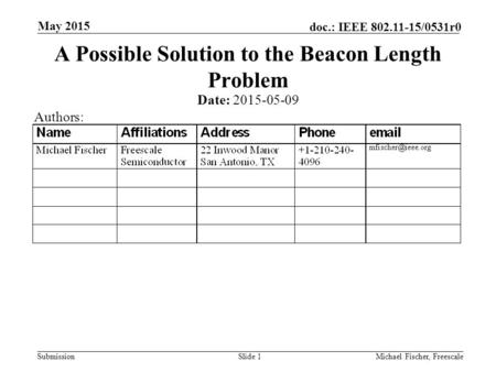 Submission doc.: IEEE 802.11-15/0531r0 May 2015 Michael Fischer, FreescaleSlide 1 A Possible Solution to the Beacon Length Problem Date: 2015-05-09 Authors: