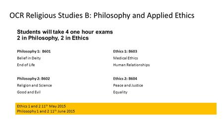 Students will take 4 one hour exams 2 in Philosophy, 2 in Ethics Philosophy 1: B601 Belief in Deity End of Life Philosophy 2: B602 Religion and Science.