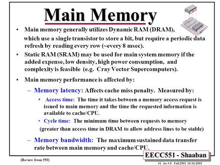 EECC551 - Shaaban #1 lec # 8 Fall 2003 10-16-2003 Main Memory Main memory generally utilizes Dynamic RAM (DRAM), which use a single transistor to store.