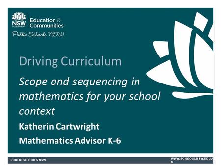 Driving Curriculum Scope and sequencing in mathematics for your school context Katherin Cartwright Mathematics Advisor K-6.