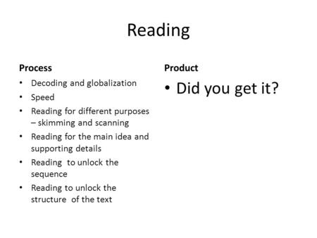 Reading Process Decoding and globalization Speed Reading for different purposes – skimming and scanning Reading for the main idea and supporting details.