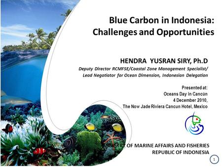 Blue Carbon in Indonesia: Challenges and Opportunities HENDRA YUSRAN SIRY, Ph.D Deputy Director RCMFSE/Coastal Zone Management Specialist/ Lead Negotiator.