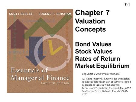 7-1 Copyright (C) 2000 by Harcourt, Inc. All rights reserved. Chapter 7 Valuation Concepts Bond Values Stock Values Rates of Return Market Equilibrium.