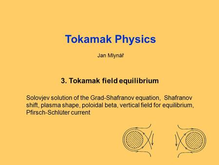 Fyzika tokamaků1: Úvod, opakování1 Tokamak Physics Jan Mlynář 3. Tokamak field equilibrium Solovjev solution of the Grad-Shafranov equation, Shafranov.
