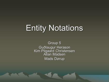 Entity Notations Group 5 Guðlaugur Herason Kim Pilgaard Christensen Allan Madsen Mads Dørup.