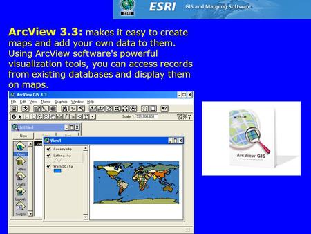 ArcView 3.3: makes it easy to create maps and add your own data to them. Using ArcView software's powerful visualization tools, you can access records.