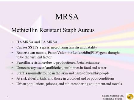 1 Skilled Nursing, Inc. Staffing & Search MRSA Methicillin Resistant Staph Aureus HA MRSA and CA MRSA Causes SSTI’s, sepsis, necrotizing fascitis and fatality.