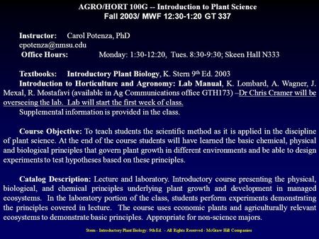 AGRO/HORT 100G -- Introduction to Plant Science