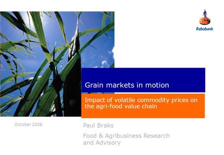 October 2008 Paul Braks Food & Agribusiness Research and Advisory Grain markets in motion Impact of volatile commodity prices on the agri-food value chain.
