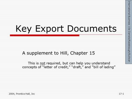 Key Export Documents A supplement to Hill, Chapter 15 This is not required, but can help you understand concepts of “letter of credit,” “draft,” and “bill.