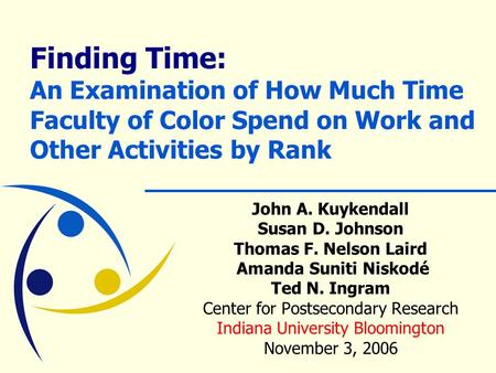 Finding Time: An Examination of How Much Time Faculty of Color Spend on Work and Other Activities by Rank John A. Kuykendall Susan D. Johnson Thomas F.