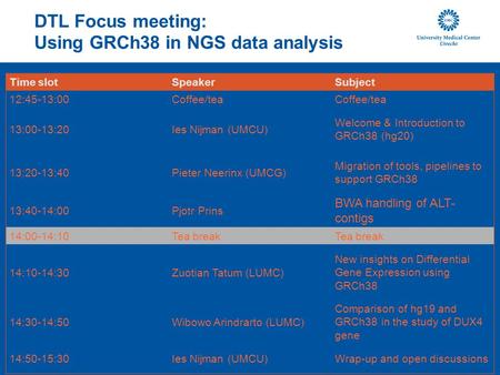 DTL Focus meeting: Using GRCh38 in NGS data analysis Time slotSpeakerSubject 12:45-13:00Coffee/tea 13:00-13:20Ies Nijman (UMCU) Welcome & Introduction.