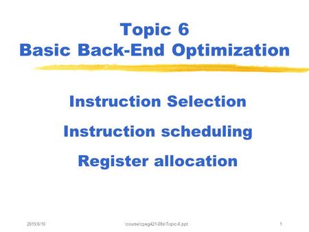 2015/6/10\course\cpeg421-08s\Topic-6.ppt1 Topic 6 Basic Back-End Optimization Instruction Selection Instruction scheduling Register allocation.