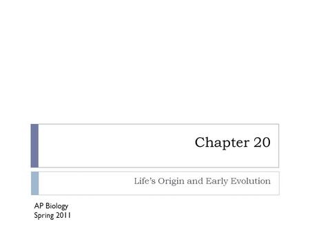 Chapter 20 Life’s Origin and Early Evolution AP Biology Spring 2011.