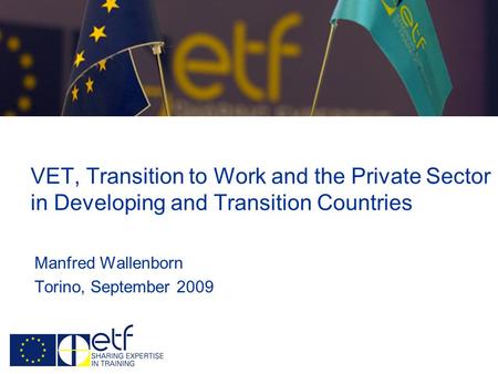 VET, Transition to Work and the Private Sector in Developing and Transition Countries Manfred Wallenborn Torino, September 2009.