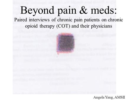 Beyond pain & meds: Paired interviews of chronic pain patients on chronic opioid therapy (COT) and their physicians Angela Yang, AMSII.