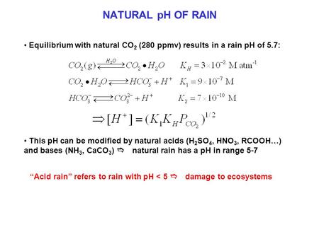 NATURAL pH OF RAIN Equilibrium with natural CO 2 (280 ppmv) results in a rain pH of 5.7: This pH can be modified by natural acids (H 2 SO 4, HNO 3, RCOOH…)