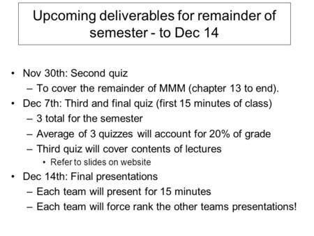 Upcoming deliverables for remainder of semester - to Dec 14 Nov 30th: Second quiz –To cover the remainder of MMM (chapter 13 to end). Dec 7th: Third and.