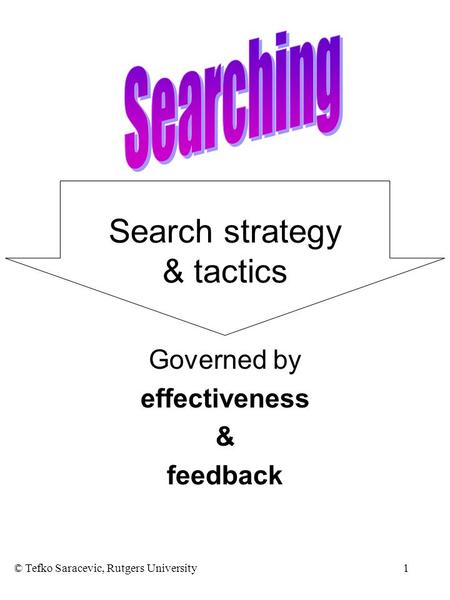 © Tefko Saracevic, Rutgers University1 Search strategy & tactics Governed by effectiveness & feedback.
