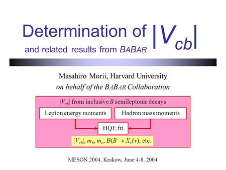 Determination of and related results from B A B AR Masahiro Morii, Harvard University on behalf of the B A B AR Collaboration |V cb | MESON 2004, Krakow,