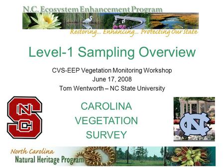 Level-1 Sampling Overview CVS-EEP Vegetation Monitoring Workshop June 17, 2008 Tom Wentworth – NC State University CAROLINA VEGETATION SURVEY.