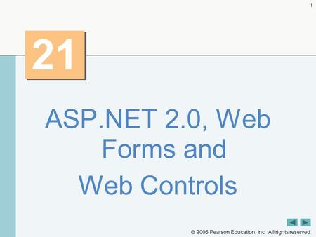  2006 Pearson Education, Inc. All rights reserved. 1 21 ASP.NET 2.0, Web Forms and Web Controls.