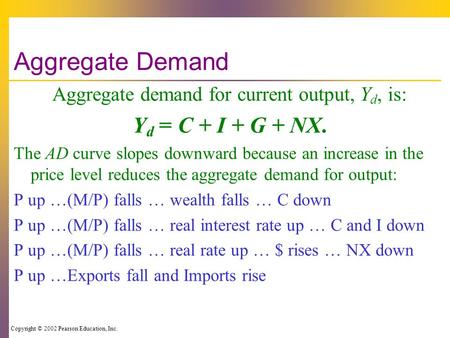 Copyright © 2002 Pearson Education, Inc. Aggregate Demand Aggregate demand for current output, Y d, is: Y d = C + I + G + NX. The AD curve slopes downward.