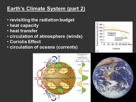 Earth’s Climate System (part 2) revisiting the radiation budget heat capacity heat transfer circulation of atmosphere (winds) Coriolis Effect circulation.