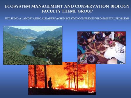 ECOSYSTEM MANAGEMENT AND CONSERVATION BIOLOGY FACULTY THEME GROUP UTILIZING A LANDSCAPE SCALE APPROACH IN SOLVING COMPLEX ENVIRONMENTAL PROBLEMS.