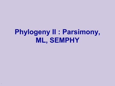 . Phylogeny II : Parsimony, ML, SEMPHY. Phylogenetic Tree u Topology: bifurcating Leaves - 1…N Internal nodes N+1…2N-2 leaf branch internal node.