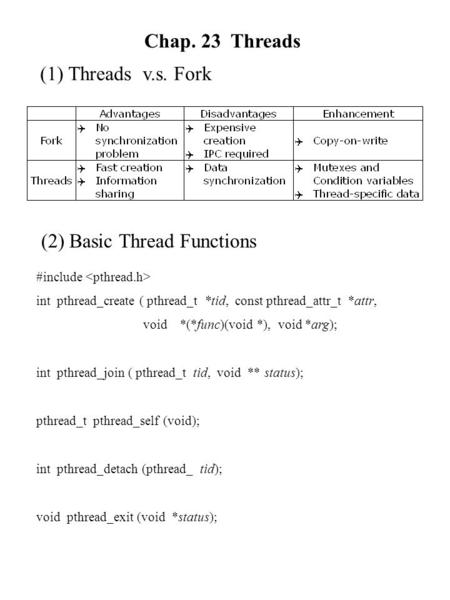 Chap. 23 Threads (1) Threads v.s. Fork (2) Basic Thread Functions #include int pthread_create ( pthread_t *tid, const pthread_attr_t *attr, void *(*func)(void.