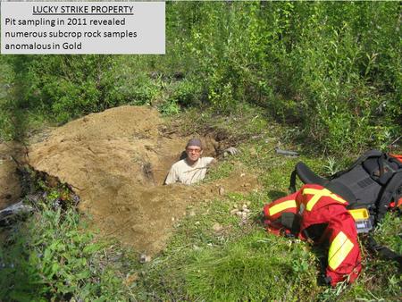 LUCKY STRIKE PROPERTY Pit sampling in 2011 revealed numerous subcrop rock samples anomalous in Gold.