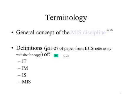 1 Terminology General concept of the MIS disciplineMIS discipline Definitions ( p25-27 of paper from EJIS, refer to my website for copy ) of: –IT –IM –IS.