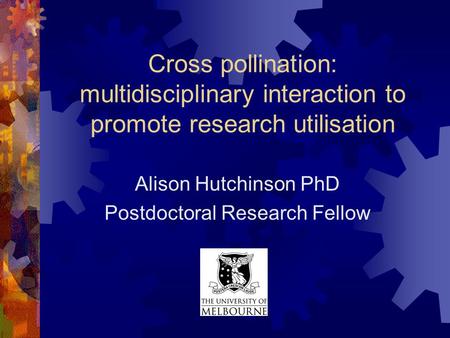 Cross pollination: multidisciplinary interaction to promote research utilisation Alison Hutchinson PhD Postdoctoral Research Fellow.