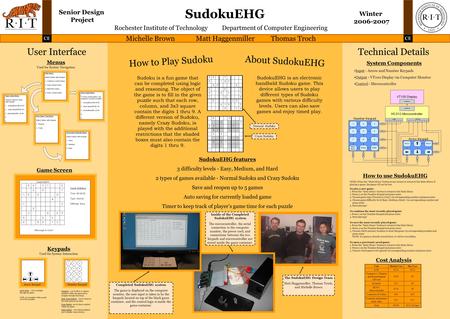 SudokuEHG Michelle BrownMatt Haggenmiller Thomas Troch User Interface Rochester Institute of Technology Department of Computer Engineering Menus Used for.