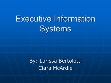 Executive Information Systems By: Larissa Bertolotti Ciara McArdle.