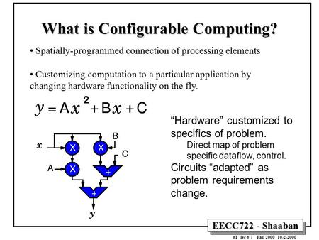 EECC722 - Shaaban #1 lec # 7 Fall 2000 10-2-2000 What is Configurable Computing? Spatially-programmed connection of processing elements Spatially-programmed.