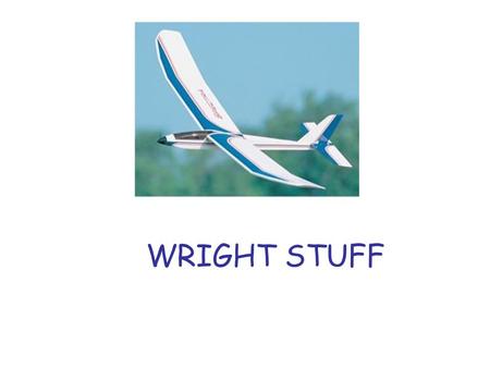 WRIGHT STUFF. AGENDA INTRODUCTION AIRCRAFT TERMINOLOGY THEORY OF FLIGHT GLIDER DETAILS HINTS EXTRA--STARTING PLANS.