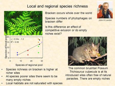 Local and regional species richness y = 0.54x - 1.2 R 2 = 0.56 0 5 10 15 20 0102030 Species of regional pool Species of local pool Species richness on.