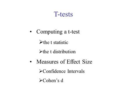 T-tests Computing a t-test  the t statistic  the t distribution Measures of Effect Size  Confidence Intervals  Cohen’s d.