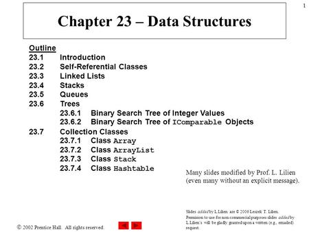  2002 Prentice Hall. All rights reserved. 1 Chapter 23 – Data Structures Outline 23.1 Introduction 23.2 Self-Referential Classes 23.3 Linked Lists 23.4.