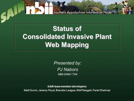Status of Consolidated Invasive Plant Web Mapping Presented by: PJ Nabors NBII-SAIN / TVA SAIN team member developers: Matt Durnin, Jeremy Floyd, Brandon.