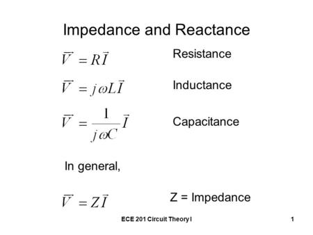 ECE 201 Circuit Theory I1 Impedance and Reactance In general, Resistance Inductance Capacitance Z = Impedance.