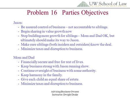 Advising Business Owners Instructor: Dwight Drake Problem 16 Parties Objectives Jason: - Be assured control of business – not accountable to siblings.