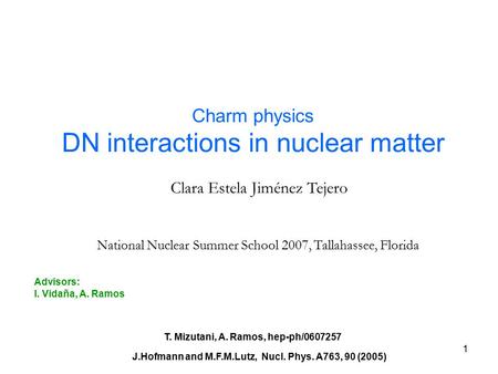 1 Charm physics DN interactions in nuclear matter Clara Estela Jiménez Tejero National Nuclear Summer School 2007, Tallahassee, Florida Advisors: I. Vidaña,